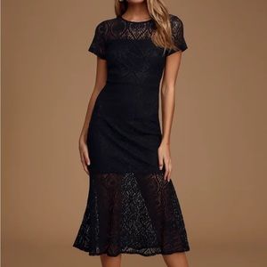 New York Minute Black Lace Midi Trumpet Dress
